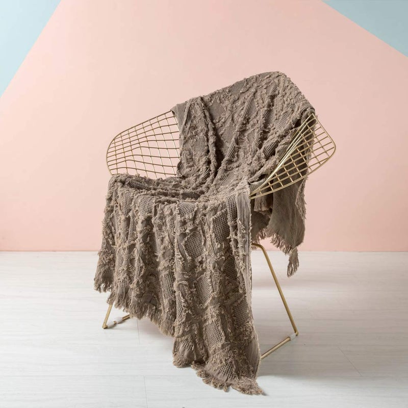 Simple&Opulence 100% Cotton Throw Blanket for Bed, Couch, Boho Textured Geometric Knit Woven Blanket with Tassels Soft, Lightweight Breathable Shabby Chic Farmhouse Decoration for All-Season(Brown) - Image 1